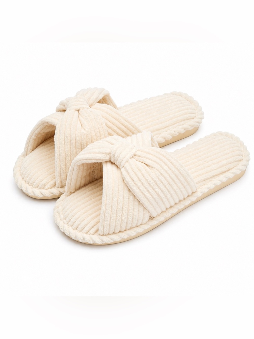 Chantomoo Corduroy Slippers Women’s Size 7/8 Cream Cross Band House Slides NIB